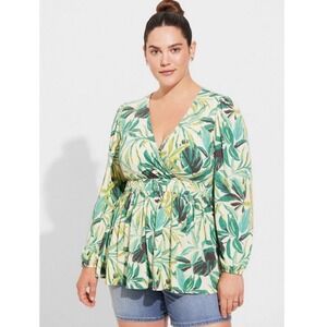 Torrid Peplum Top 1X Green Tropical Leaf Print Surplice Ribbed Smocked Waist